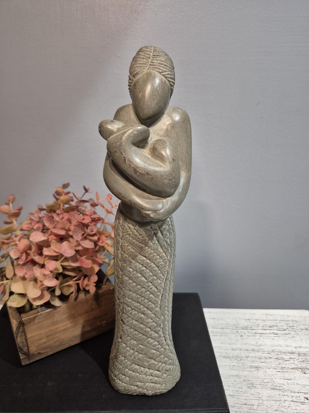 Green Grey Soapstone Handcarved Mother and Child Sculpture 11" Tall